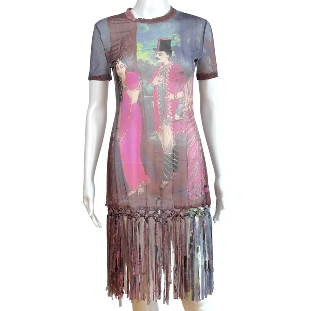 Jean Paul Gaultier Purple Multicolor People Print Fringe Trim Mesh Mini Dress - Picture 2 of 5